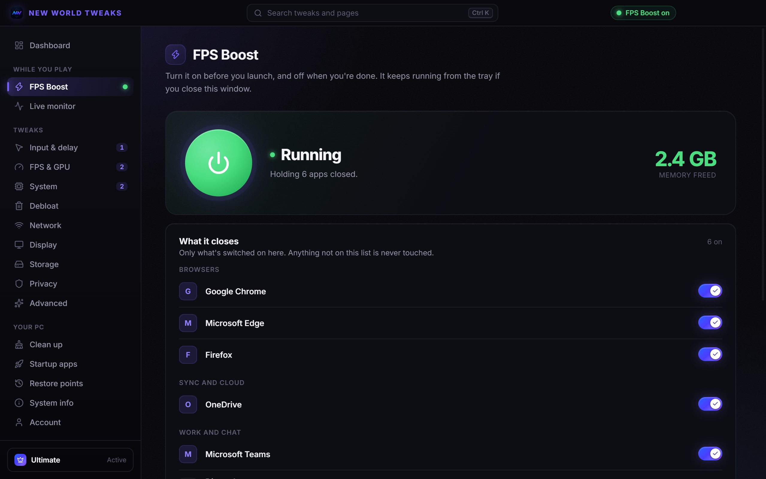 FPS Boost running, with the list of apps it may close