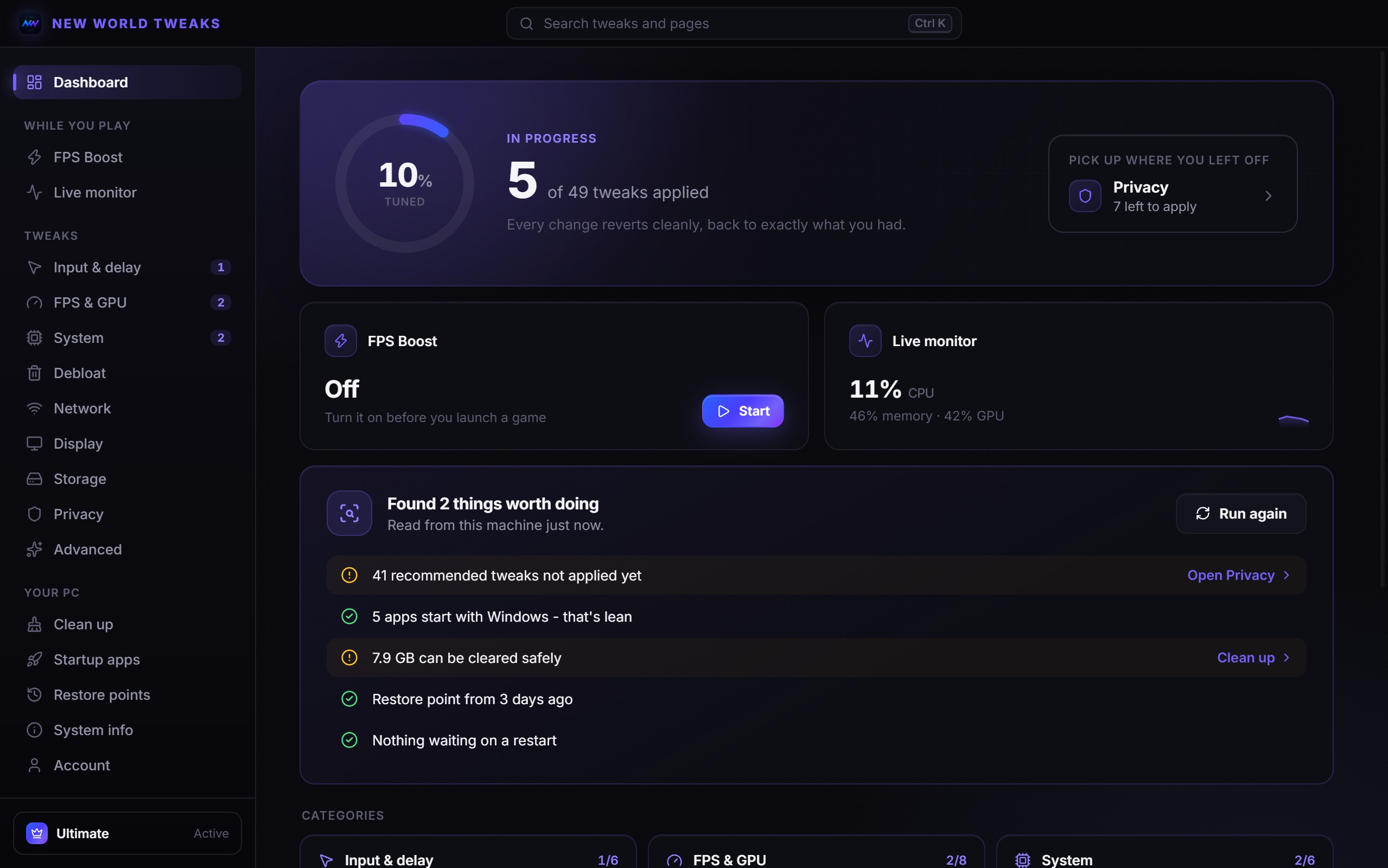 The New World Tweaks dashboard: tweaks applied, FPS Boost, live monitor and a PC check-up