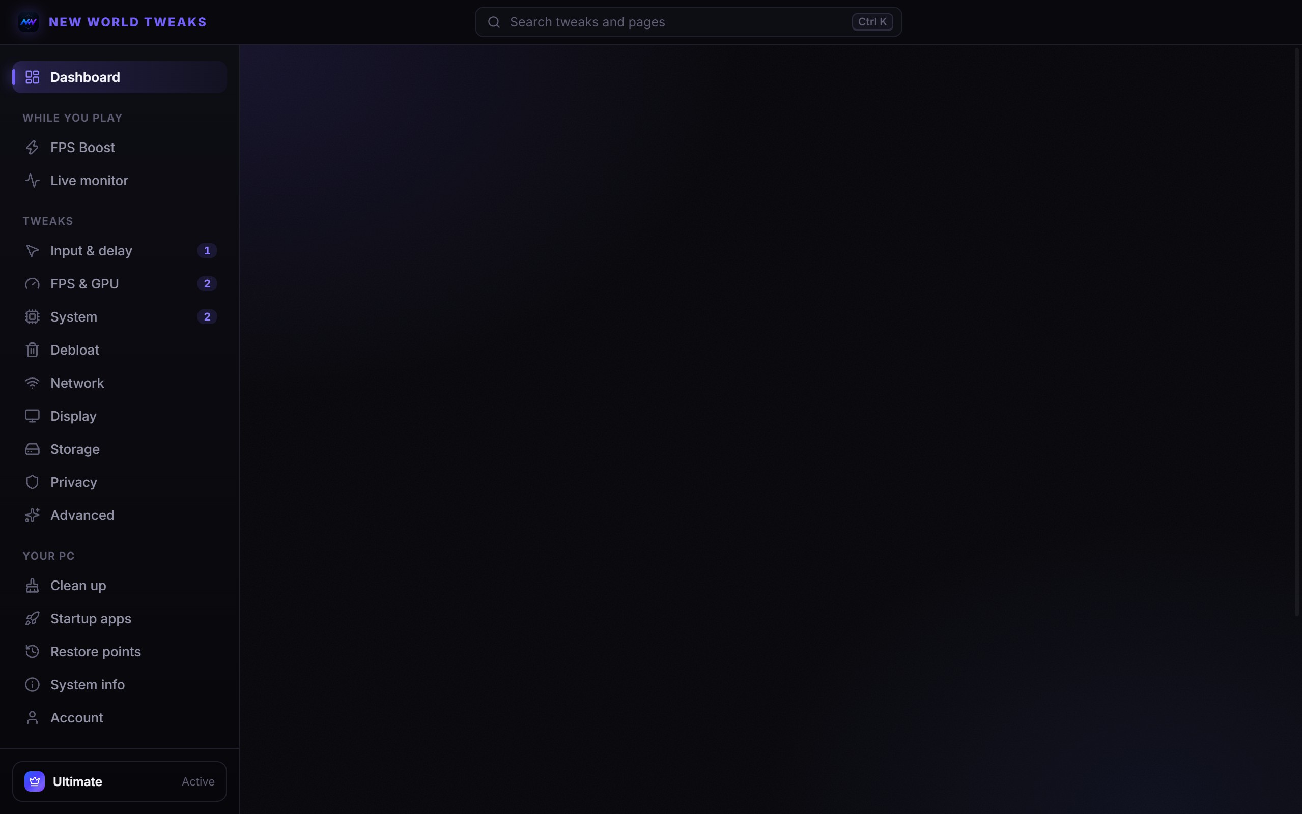The FPS & GPU tweaks page, each tweak with a description and a safety label